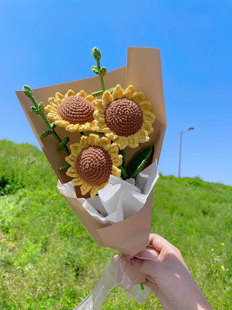Crocheted Eucalyptus Leaf Sunflower Bouquet