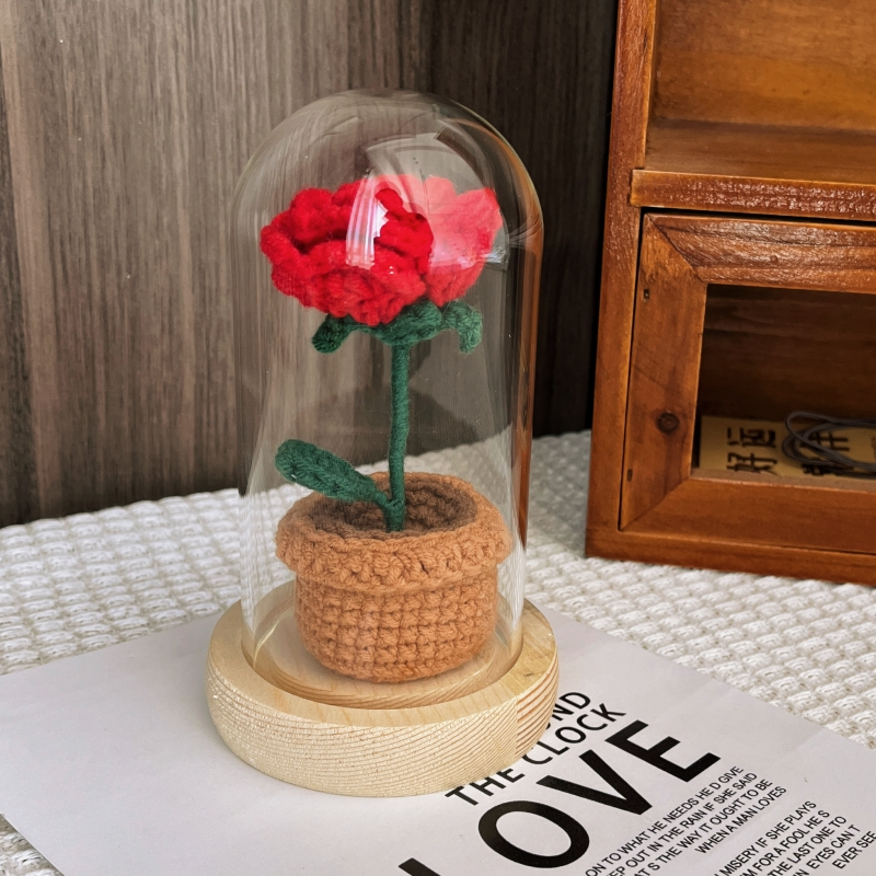 knitted potted plant with glass cover